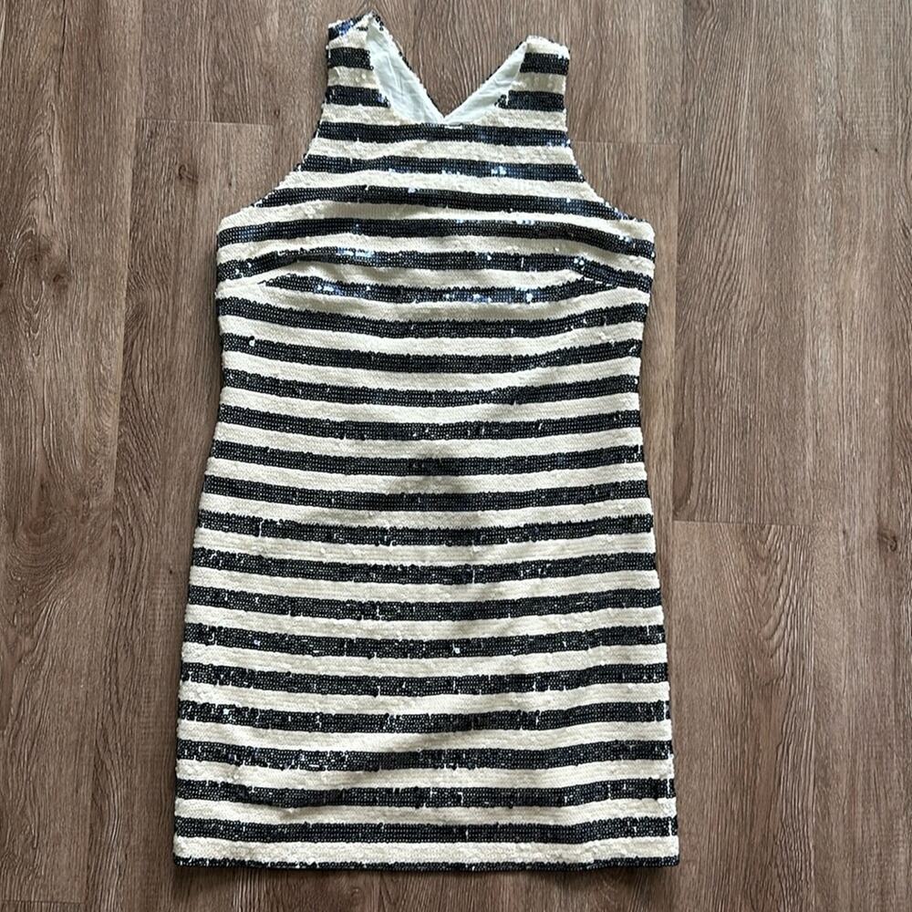 NWT Sail to Sable Sequin‎ Mini Dress Cream & Blue Striped Size 8 High Neck